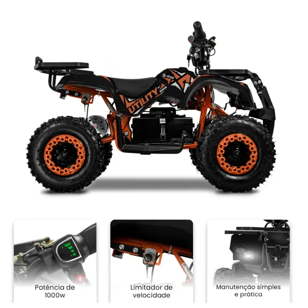Quadriciclo Elétrico DROP Utility 1000W Chumbo Mega brava laranja infantil