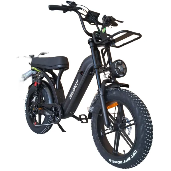 Bicicleta Elétrica Onesport X7 1000W com farol LED redondo, bagageiro frontal e pneus largos para uso urbano e trilhas