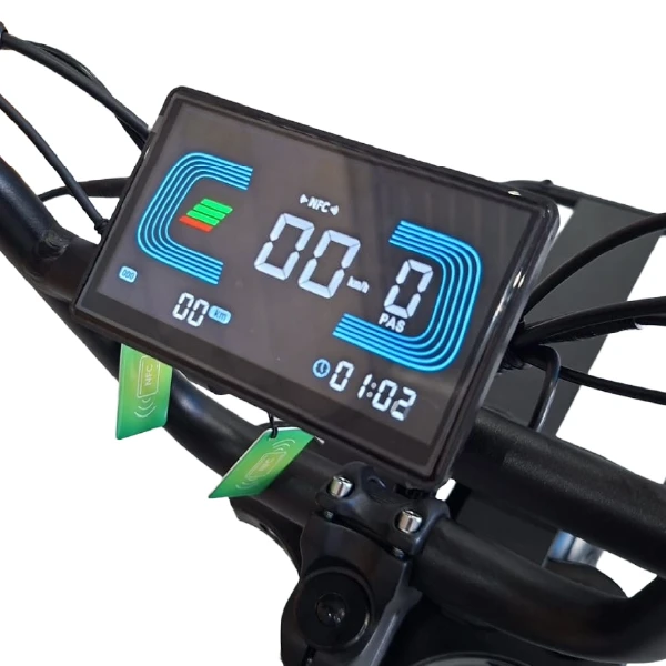 Painel digital da Bicicleta Elétrica Onesport X7 1000W com tela em LCD e ativação por sensor NFC integrado