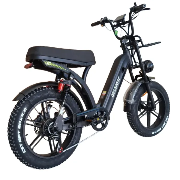 Bicicleta Elétrica Onesport X7 1000W Mega Brava vista traseira com amortecedor duplo e pneu fat aro 20