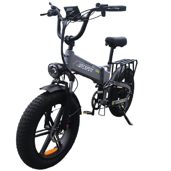 Vista diagonal da Bicicleta Elétrica Onesport X9 Dobrável 1000W com farol LED e pneus aro 20